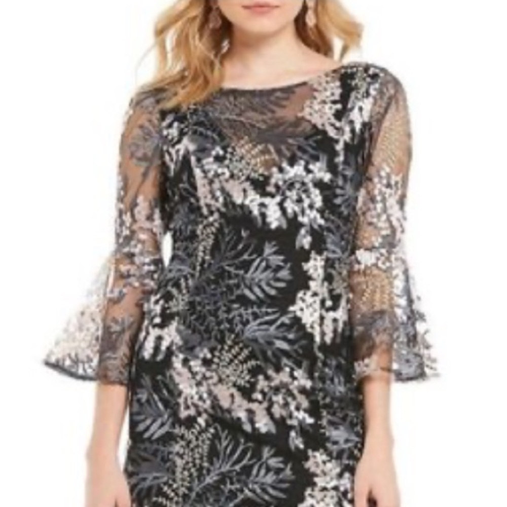 Badgley Mischka Multi Color Embroidered Net Overlay Cocktail Midi Dress Size 2